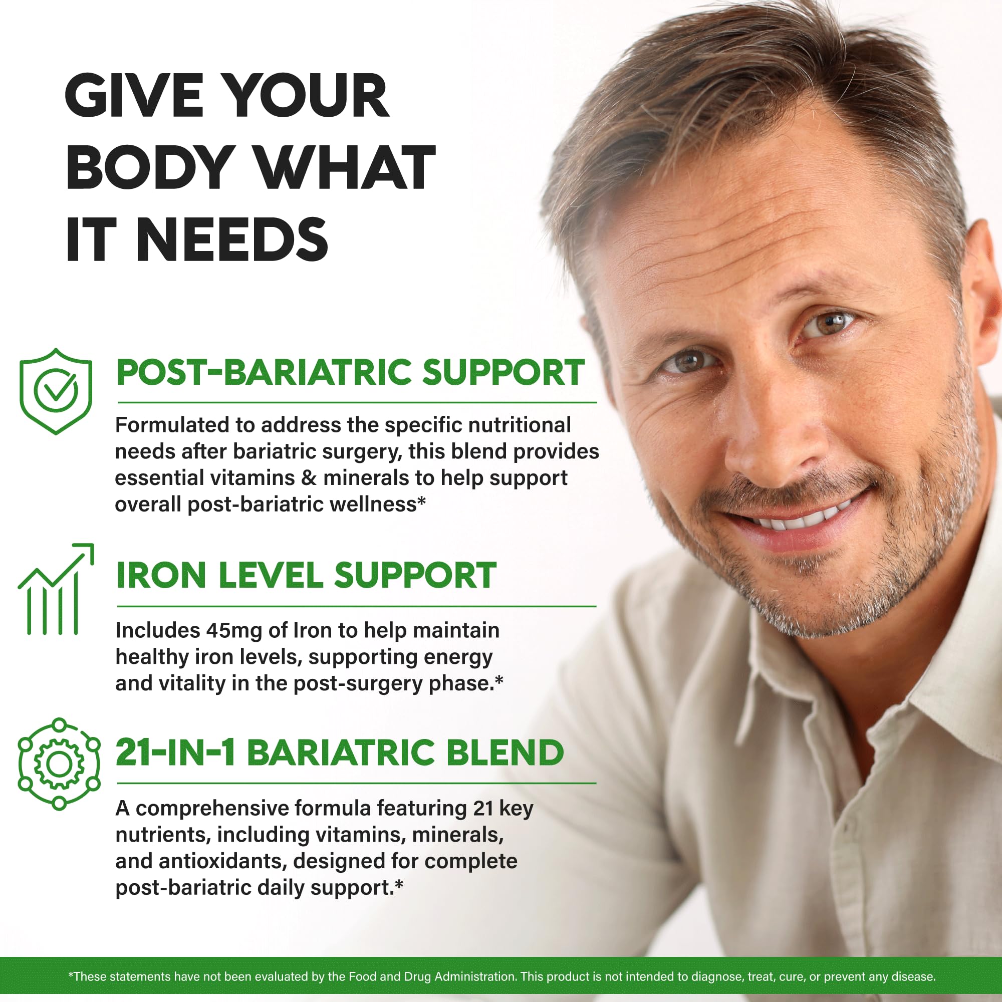 NutraHarmony Bariatric Multivitamin ingredients panel featuring iron and essential vitamins.