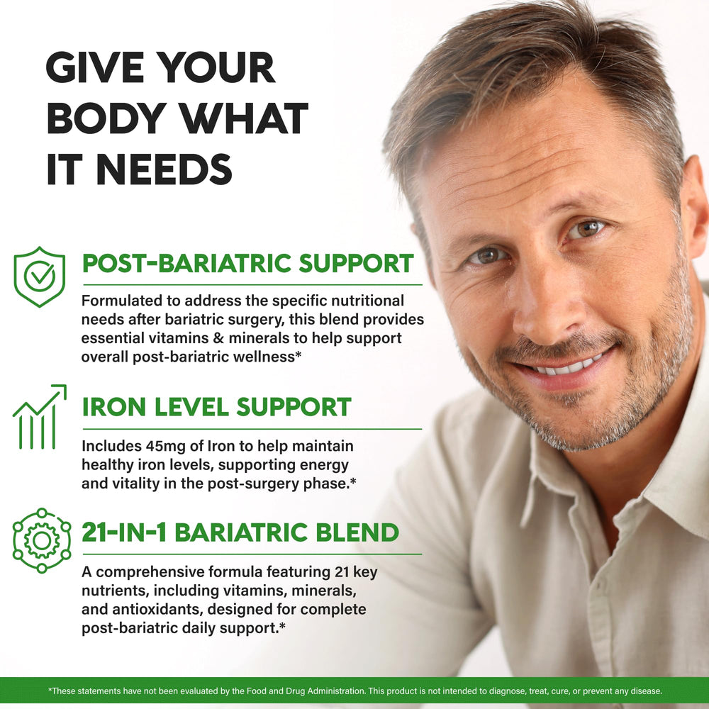 NutraHarmony Bariatric Multivitamin ingredients panel featuring iron and essential vitamins.