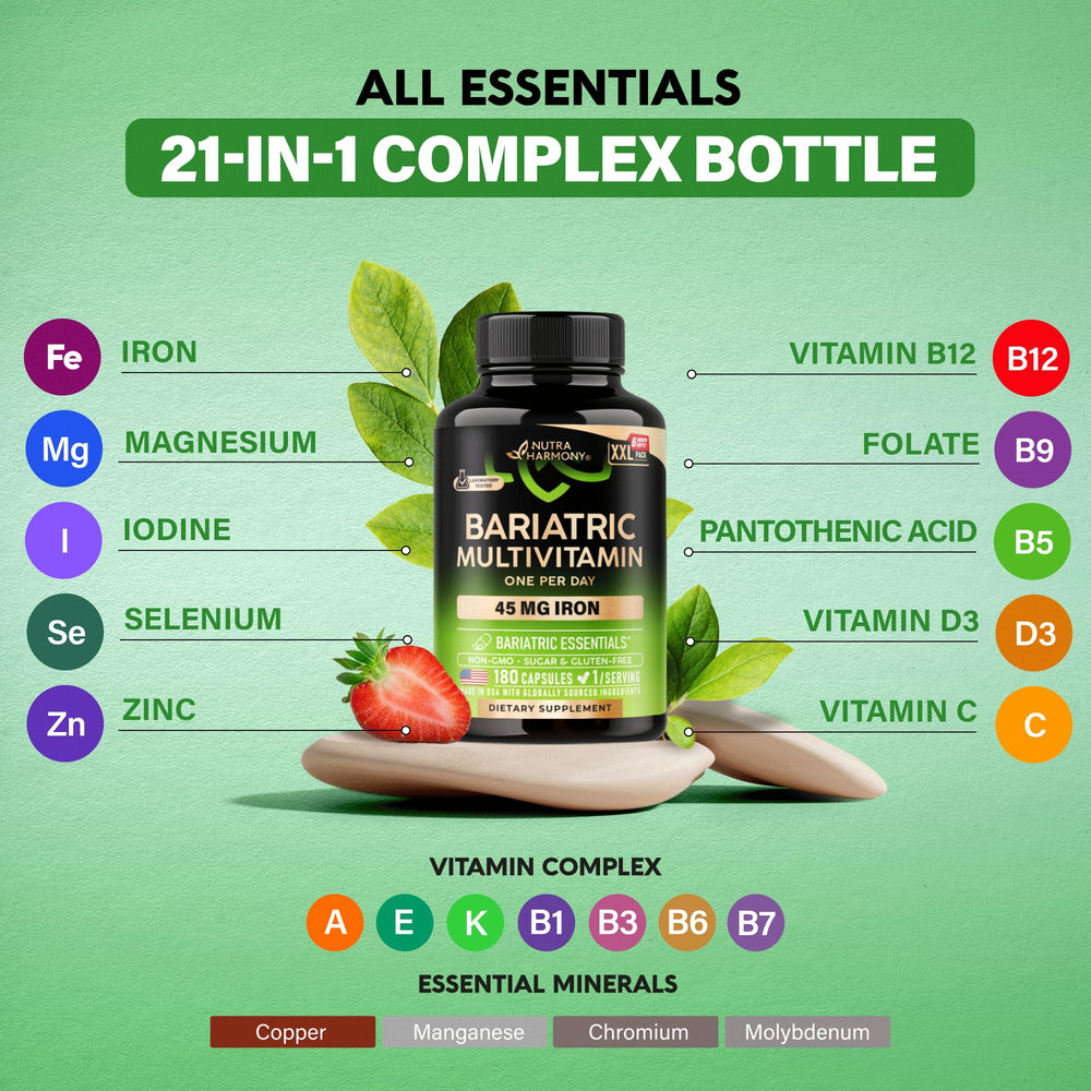 NutraHarmony Bariatric Multivitamin nutrition facts panel on the bottle.