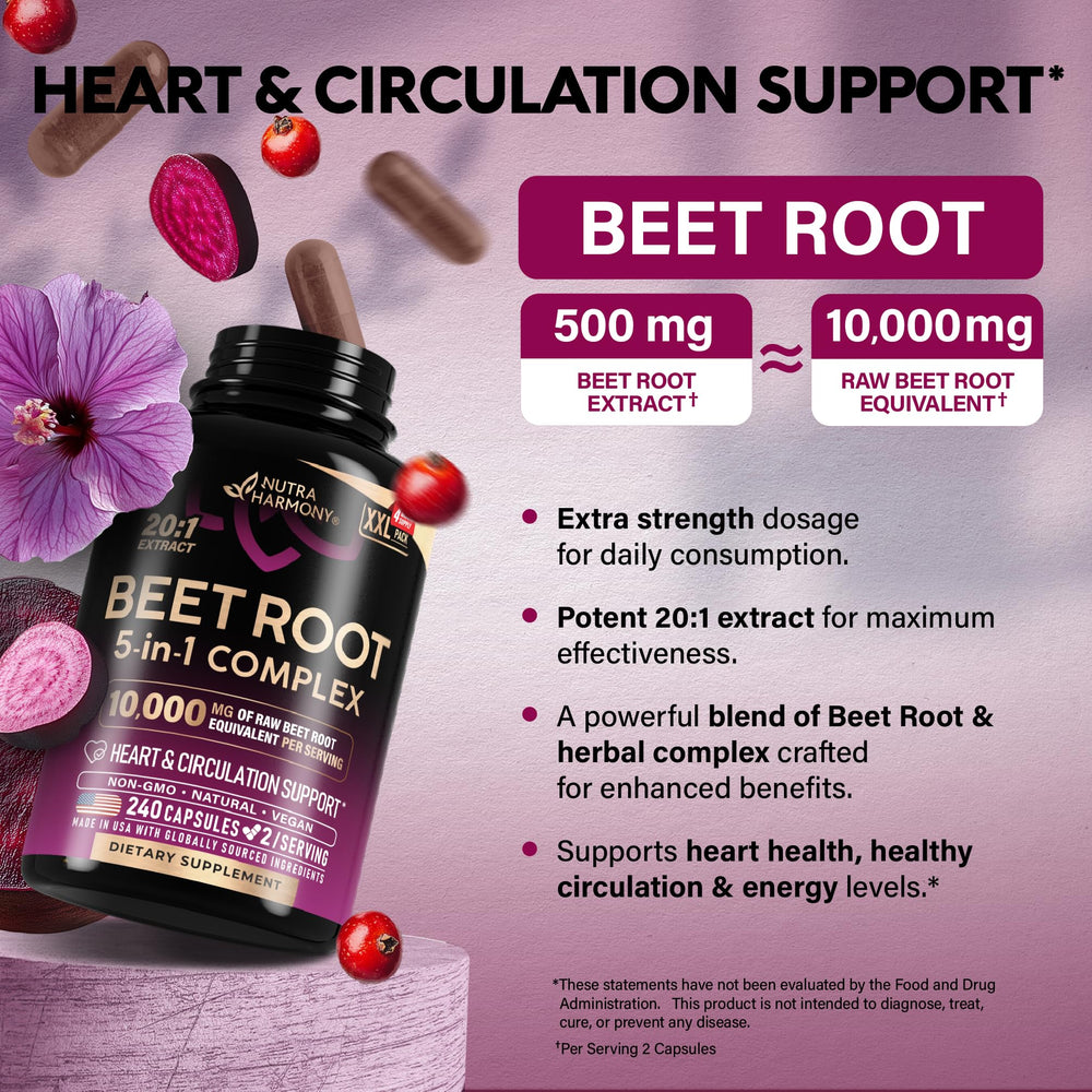 NUTRAHARMONY Beet Root 5-in-1 ingredients hawthorn and hibiscus support healthy circulation.