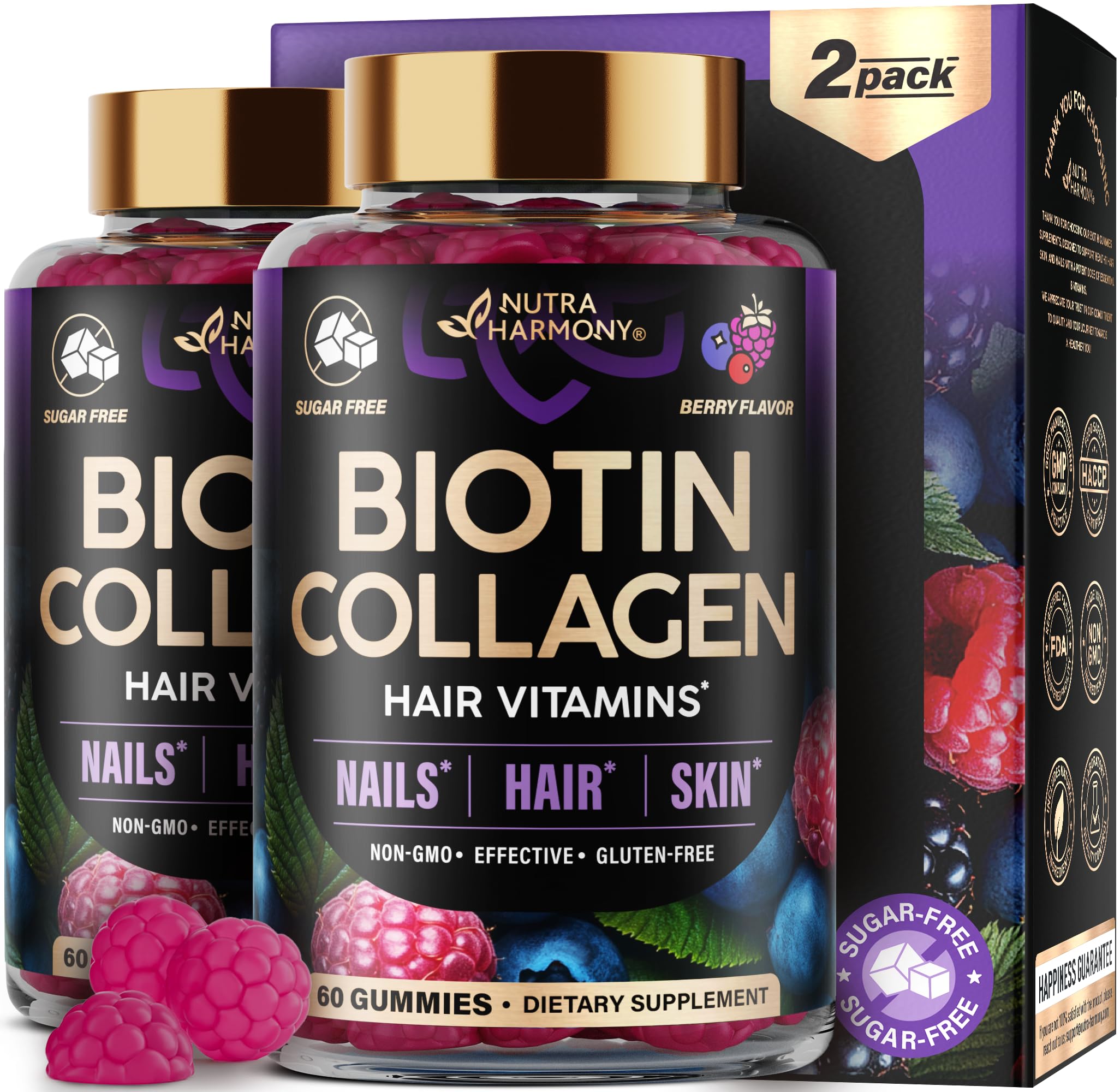 NUTRAHARMONY Biotin & Collagen gummies bottle shows sugar-free beauty support for hair, skin, and nails.