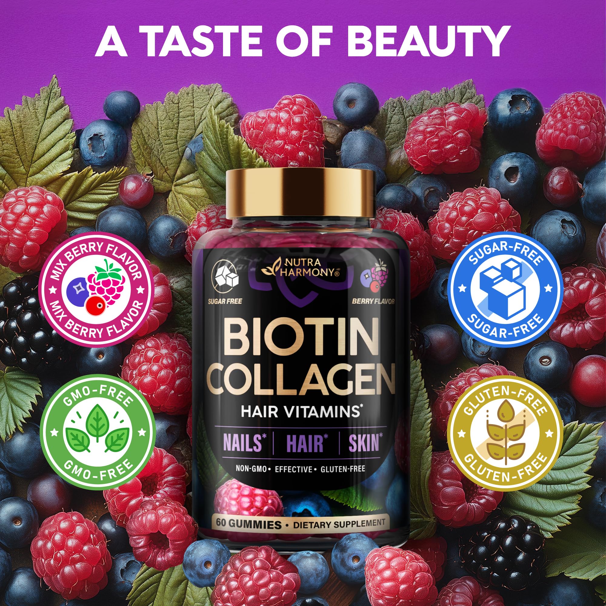 Close-up nails, hair and skin visuals featuring NUTRAHARMONY gummies for beauty support.