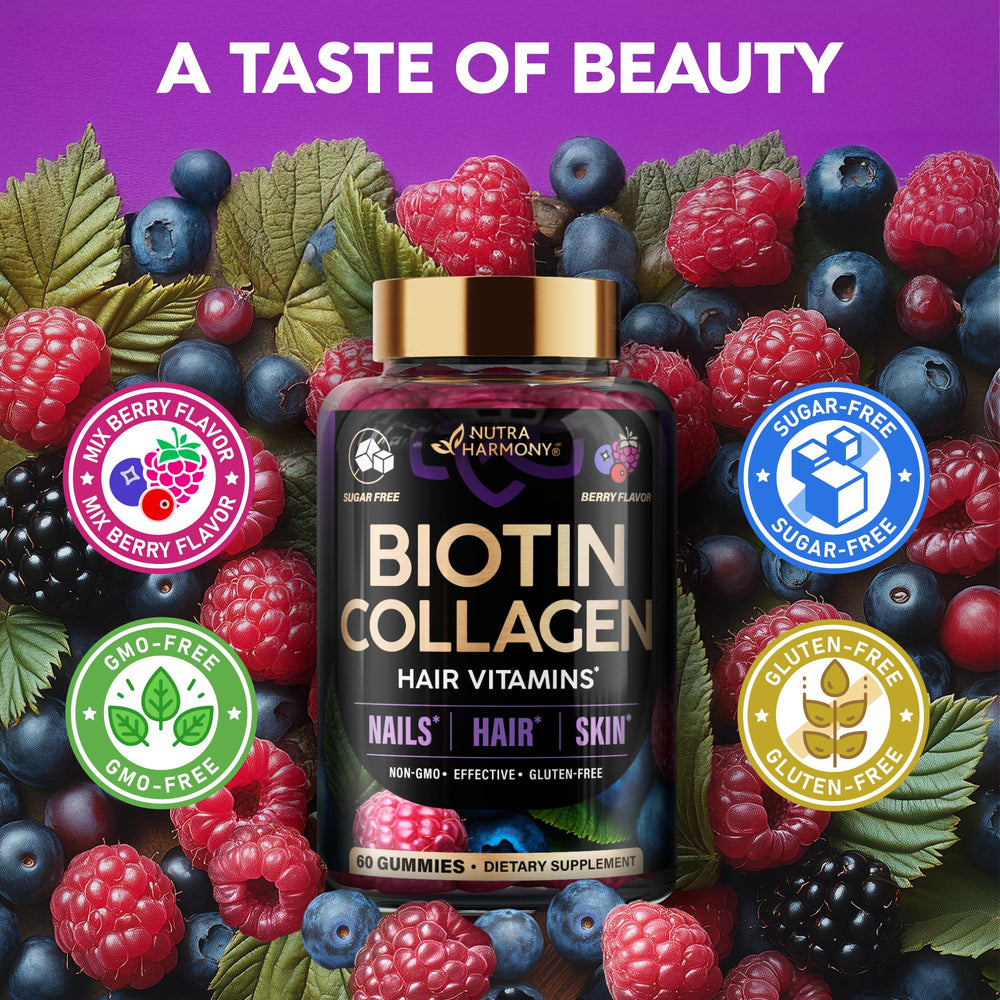 Close-up nails, hair and skin visuals featuring NUTRAHARMONY gummies for beauty support.