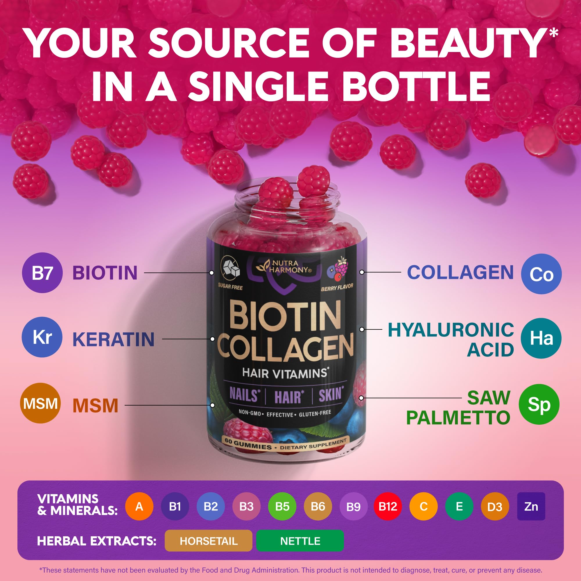 Sugar-free label on NutraHarmony packaging highlighting guilt-free daily beauty.