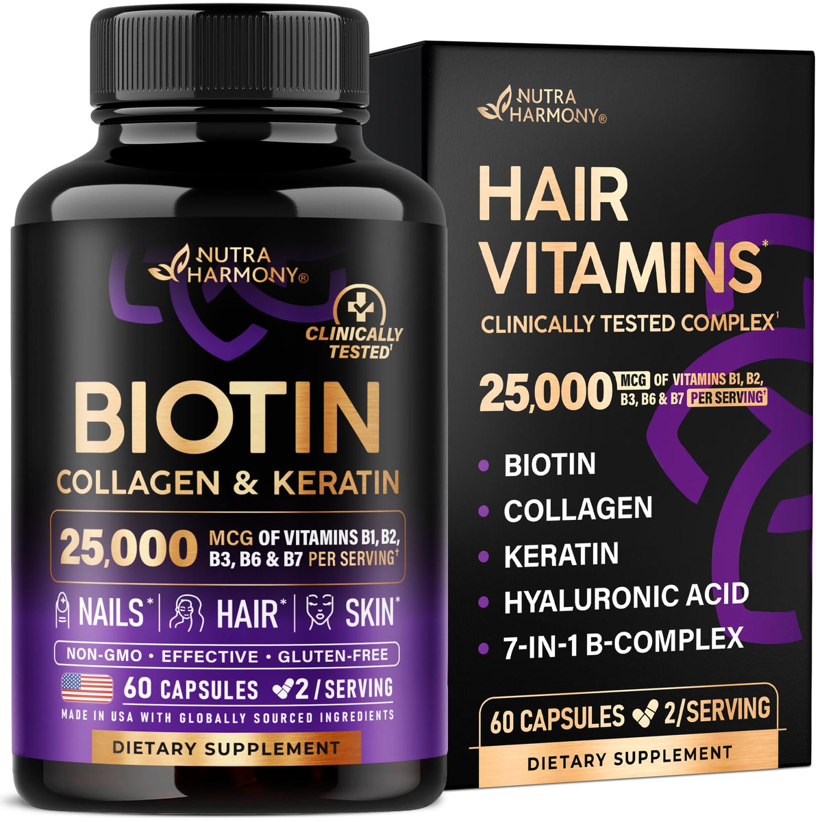 NUTRAHARMONY bottle with Biotin, Collagen and Keratin for hair, skin, and nails support.