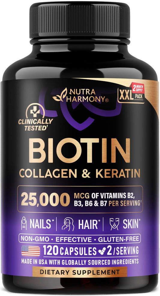 NUTRAHARMONY Biotin-Collagen-Keratin bottle supports hair, skin and nails wellness