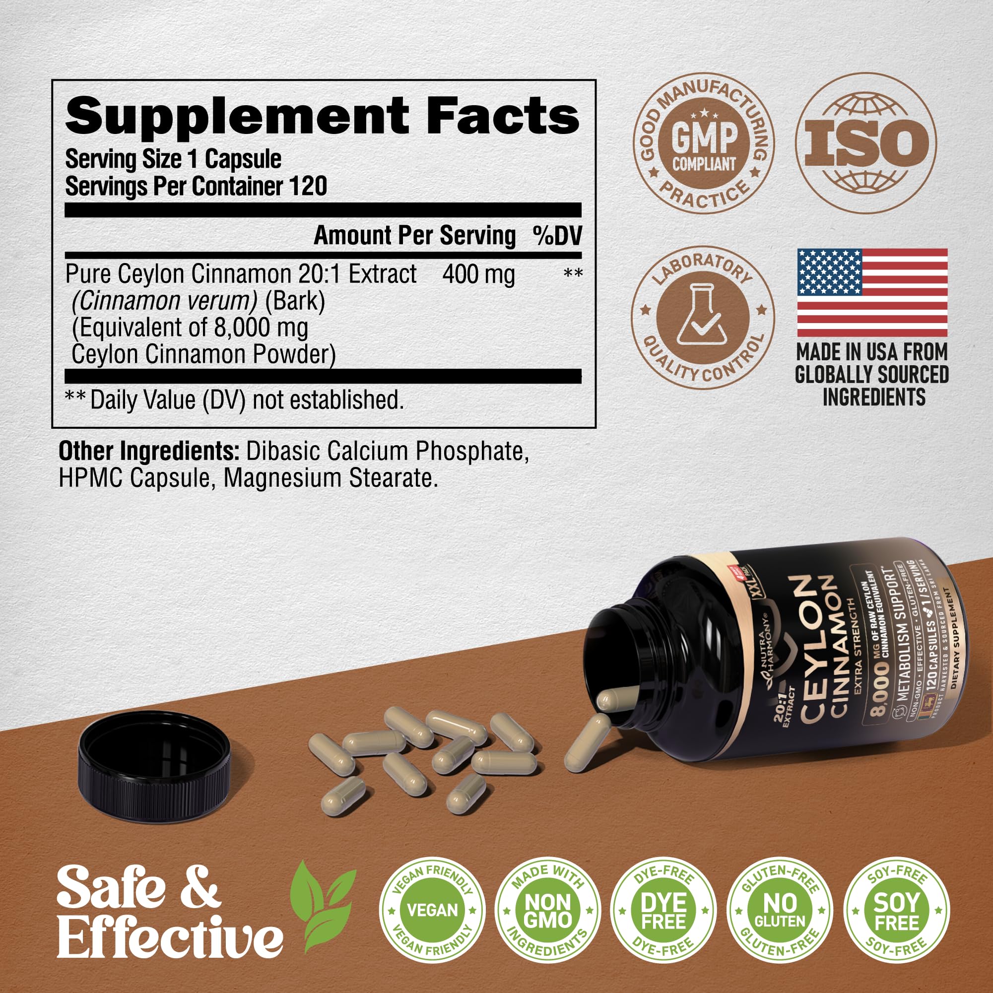 NUTRAHARMONY Ceylon Cinnamon capsules produced in the USA.