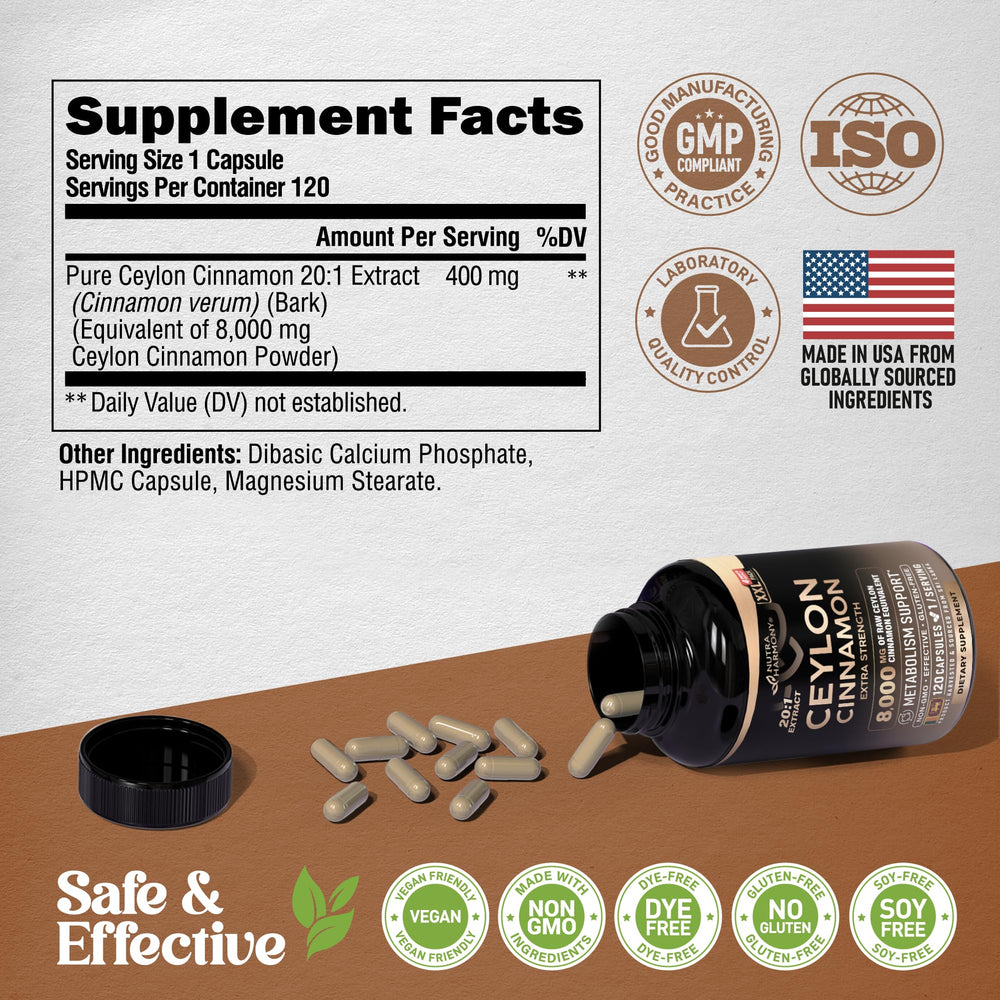 NUTRAHARMONY Ceylon Cinnamon capsules produced in the USA.