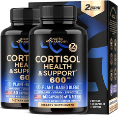 NutraHarmony cortisol supplement bottle with plant-based formula for daily balance