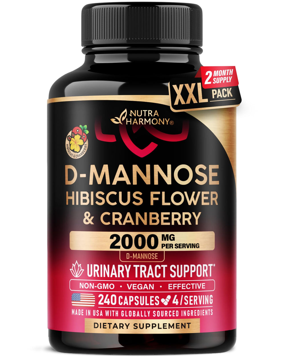 NutraHarmony D-Mannose 2000mg bottle front supports urinary tract wellness.
