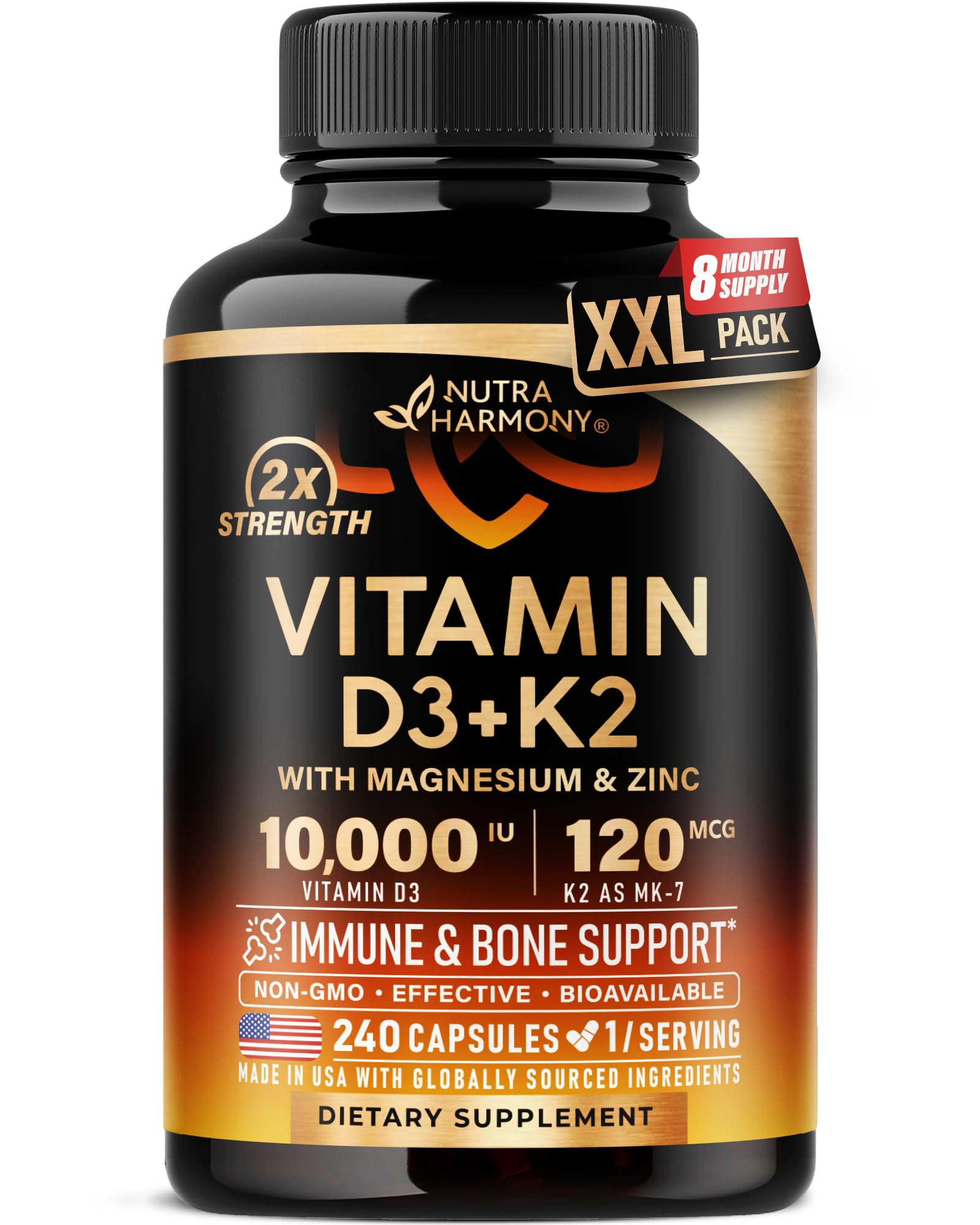 NUTRAHARMONY D3K2 bottle displaying bone support and immune health