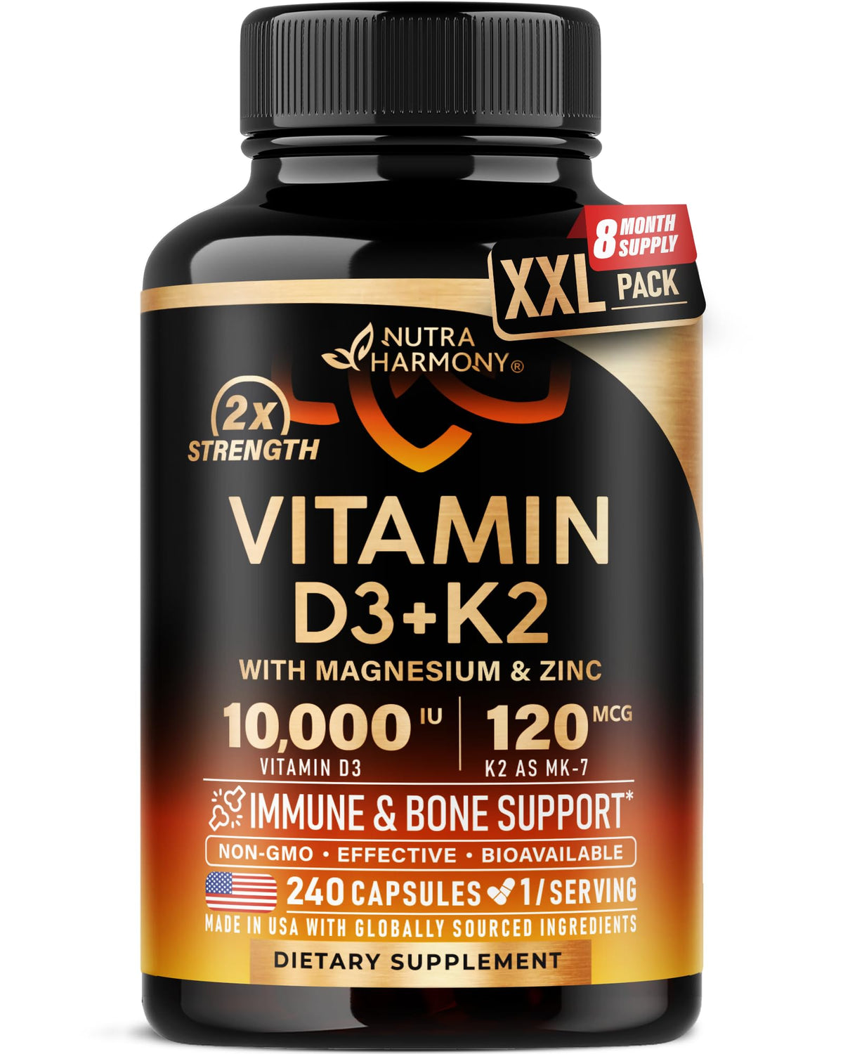 NUTRAHARMONY D3K2 bottle displaying bone support and immune health