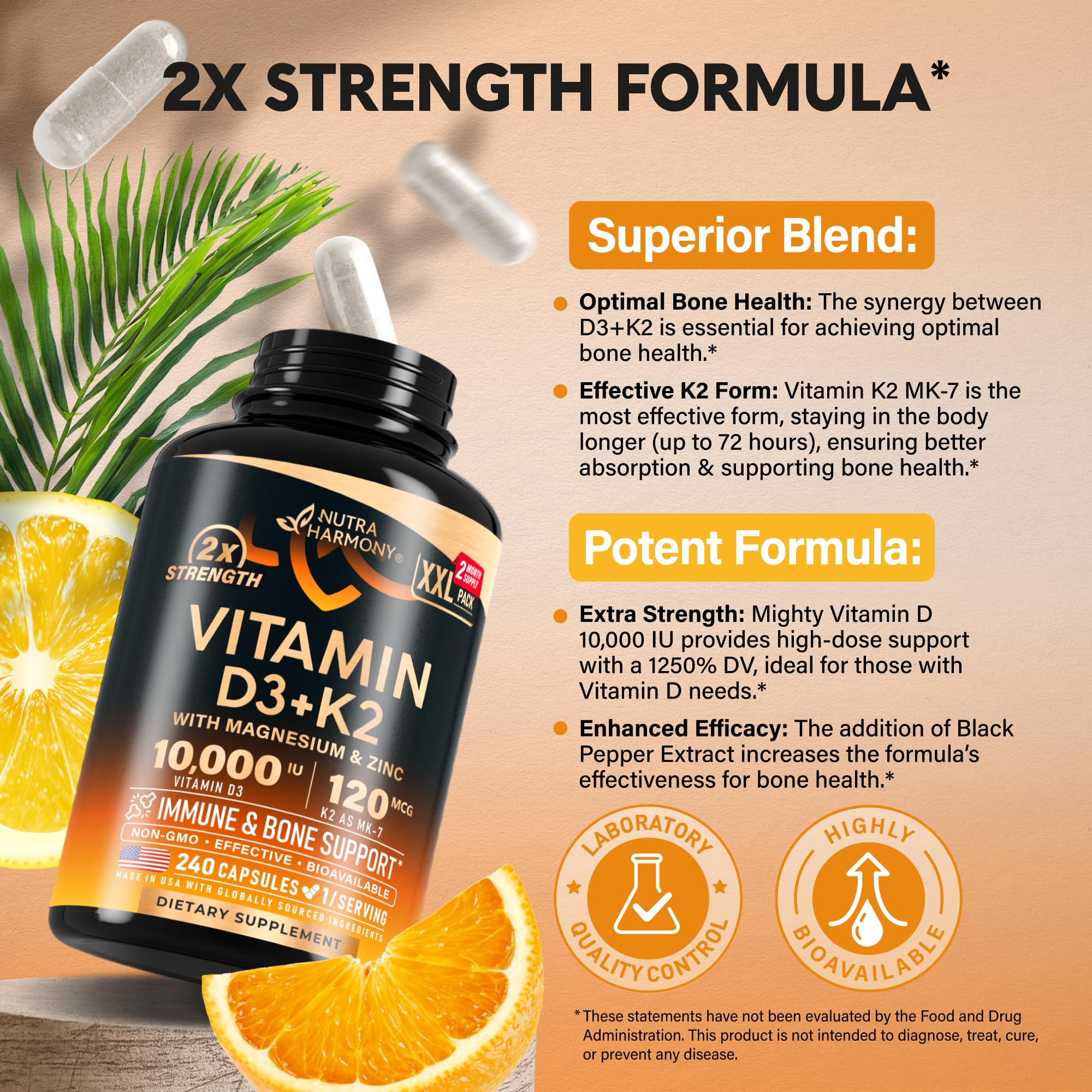 NUTRAHARMONY D3K2 ingredient panel featuring magnesium, zinc, C and B12