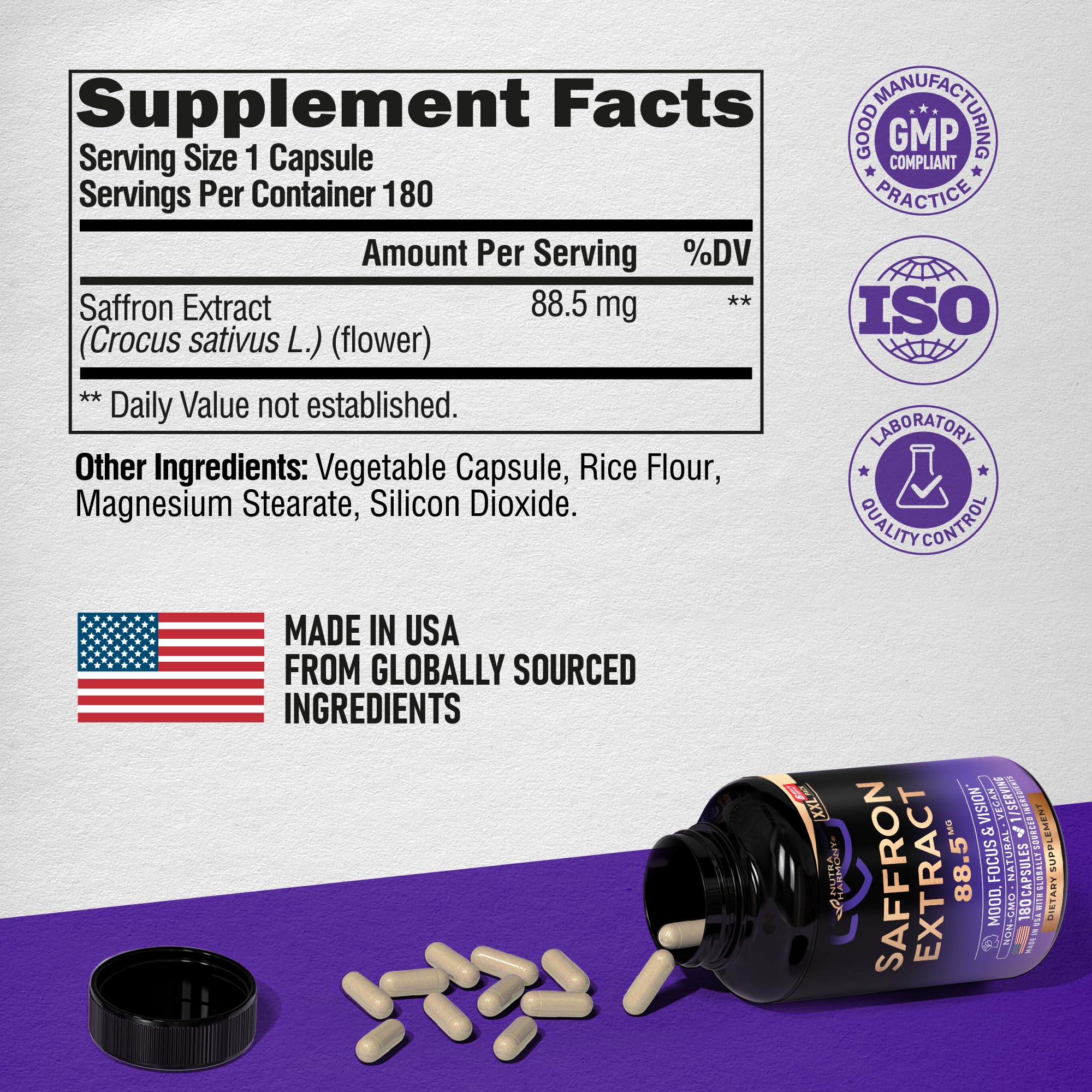 NutraHarmony saffron capsules on display suggesting mood and eye health benefits.