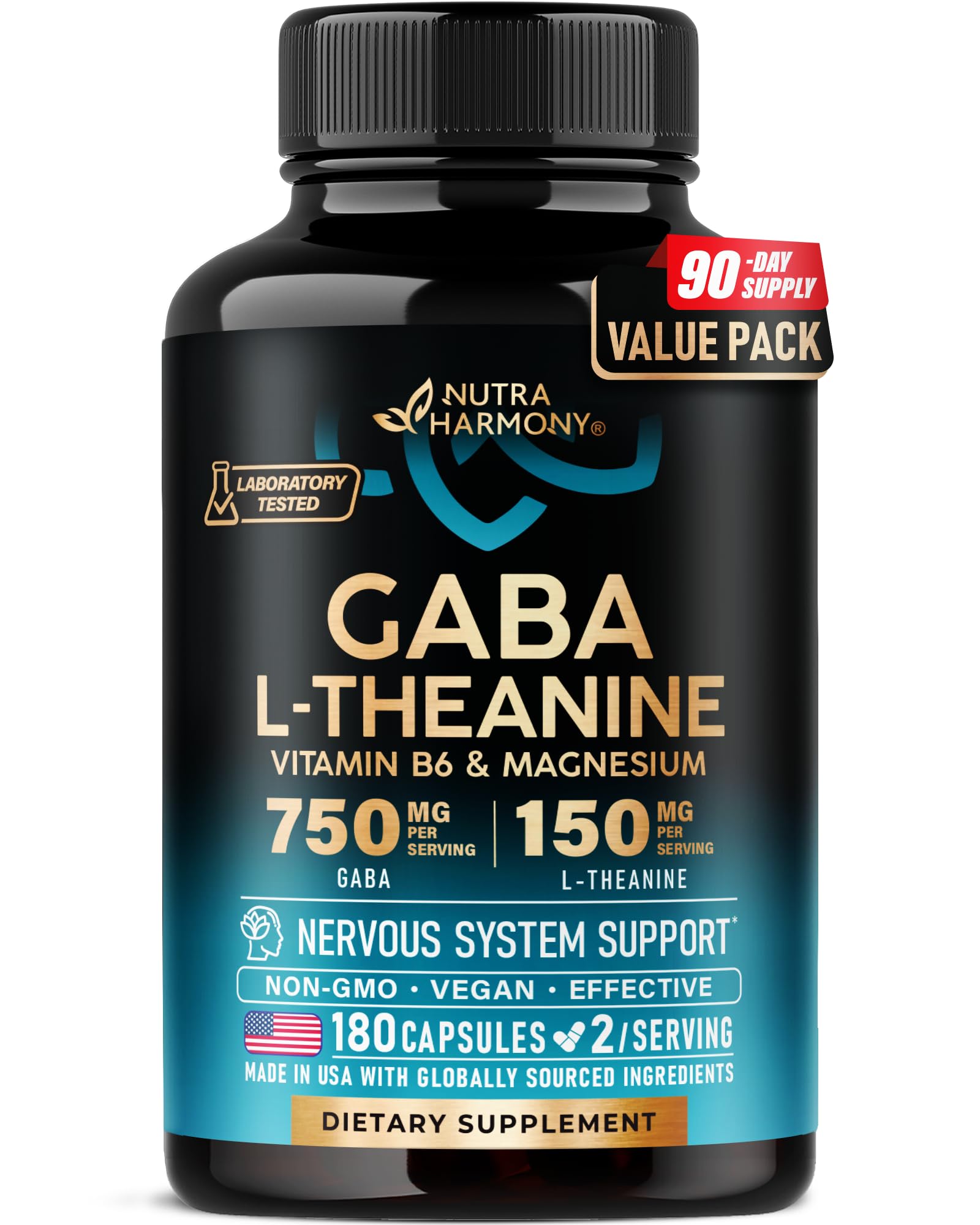 NutraHarmony GABA L-Theanine bottle on shelf for calm mood support.