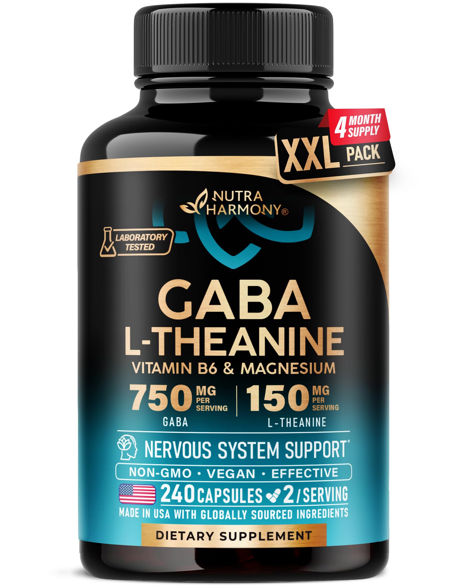 NUTRAHARMONY GABA-L-Theanine bottle for calm daily support.