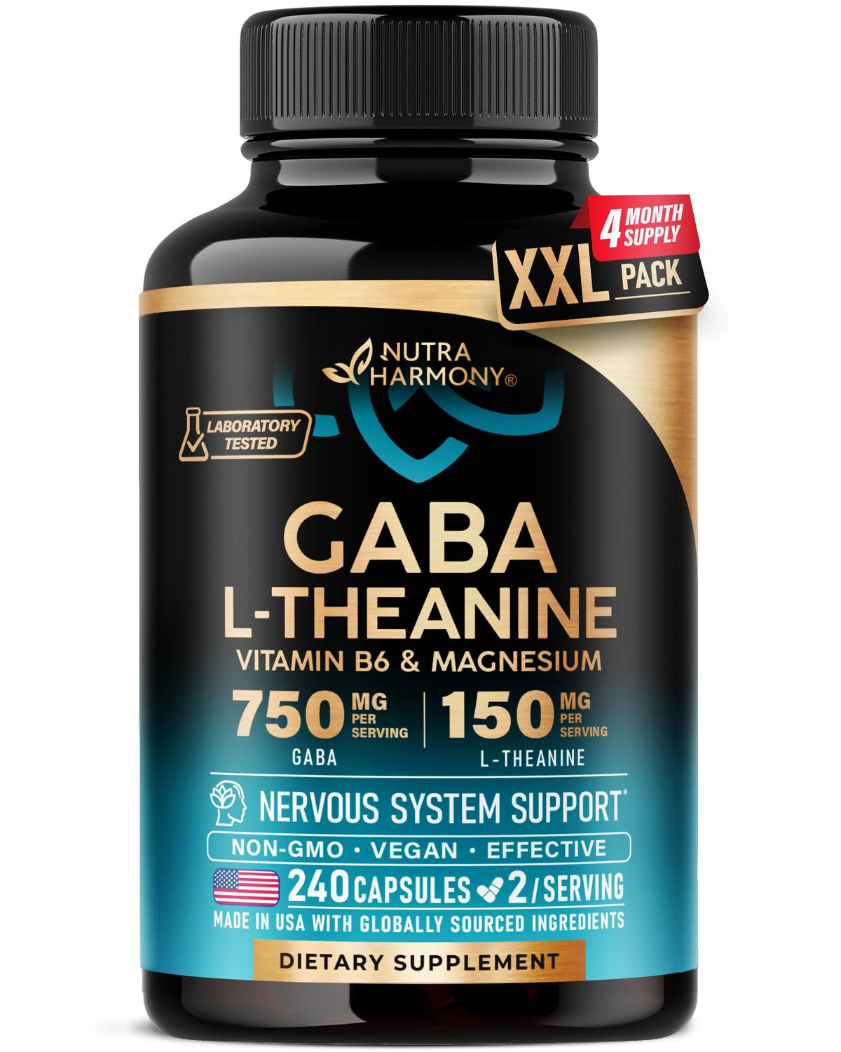NUTRAHARMONY GABA-L-Theanine bottle for calm daily support.