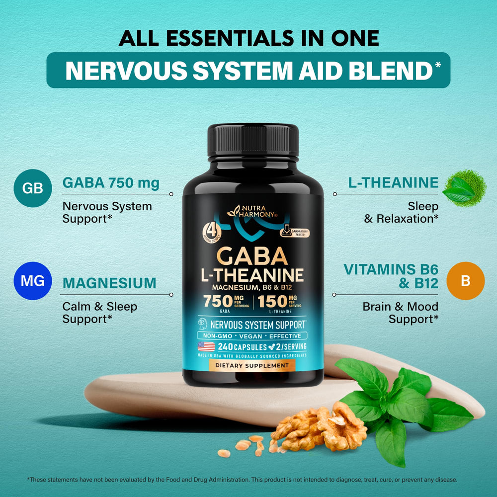 NutraHarmony GABA-L-Theanine ingredients list emphasizes pure, non-GMO capsules.