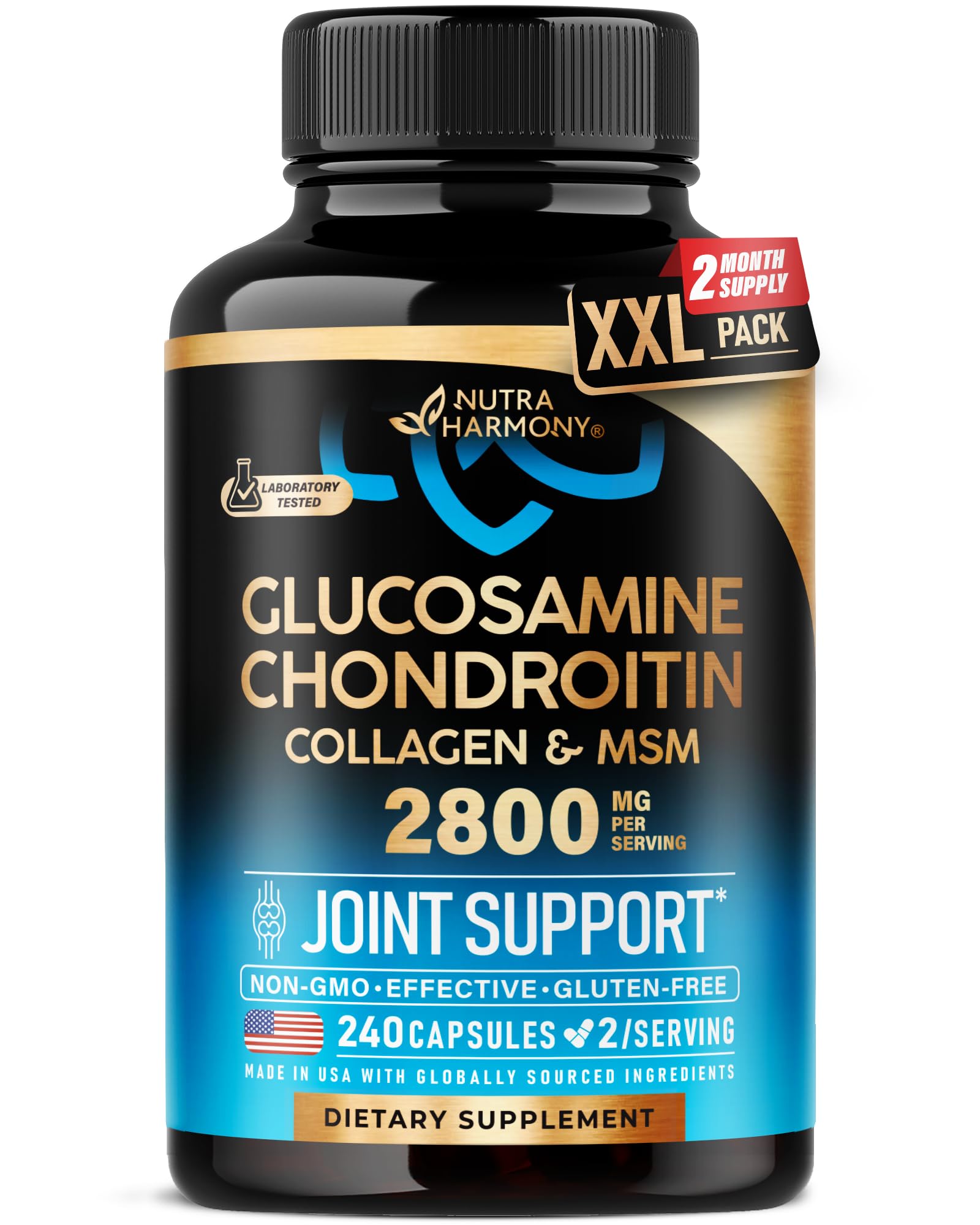 NutraHarmony glucosamine chondroitin MSM capsules on bottle support daily mobility.