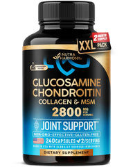 NutraHarmony glucosamine chondroitin MSM capsules on bottle support daily mobility.