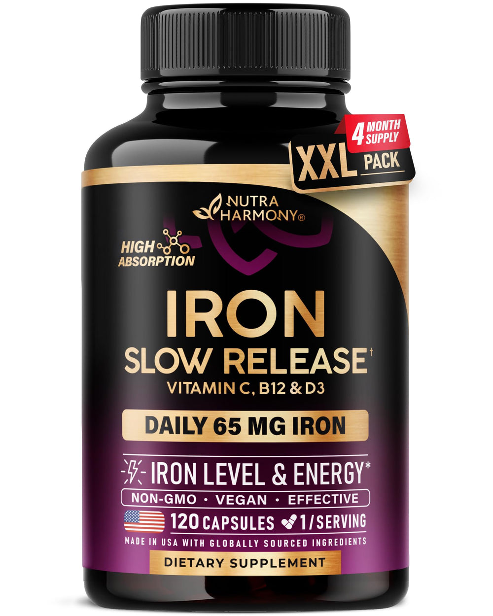 NUTRAHARMONY iron65mg capsule closeup for high absorption support.