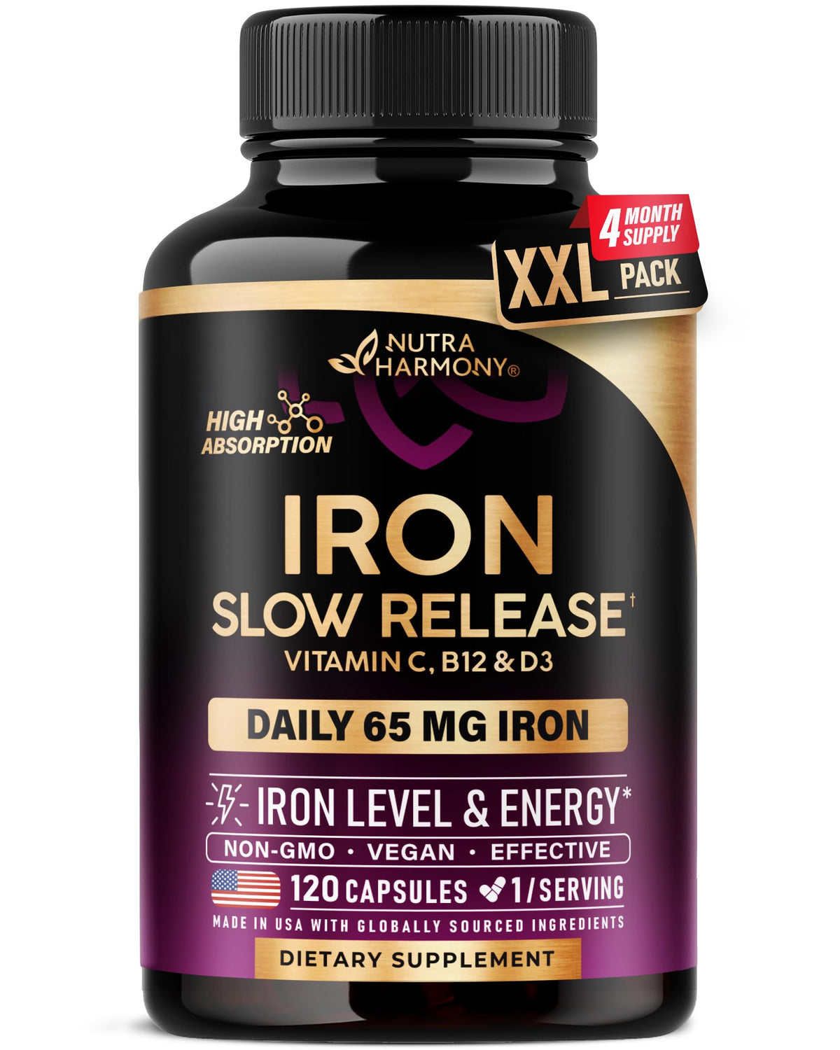 NUTRAHARMONY iron65mg capsule closeup for high absorption support.