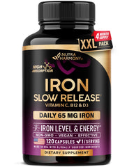 NUTRAHARMONY iron65mg capsule closeup for high absorption support.