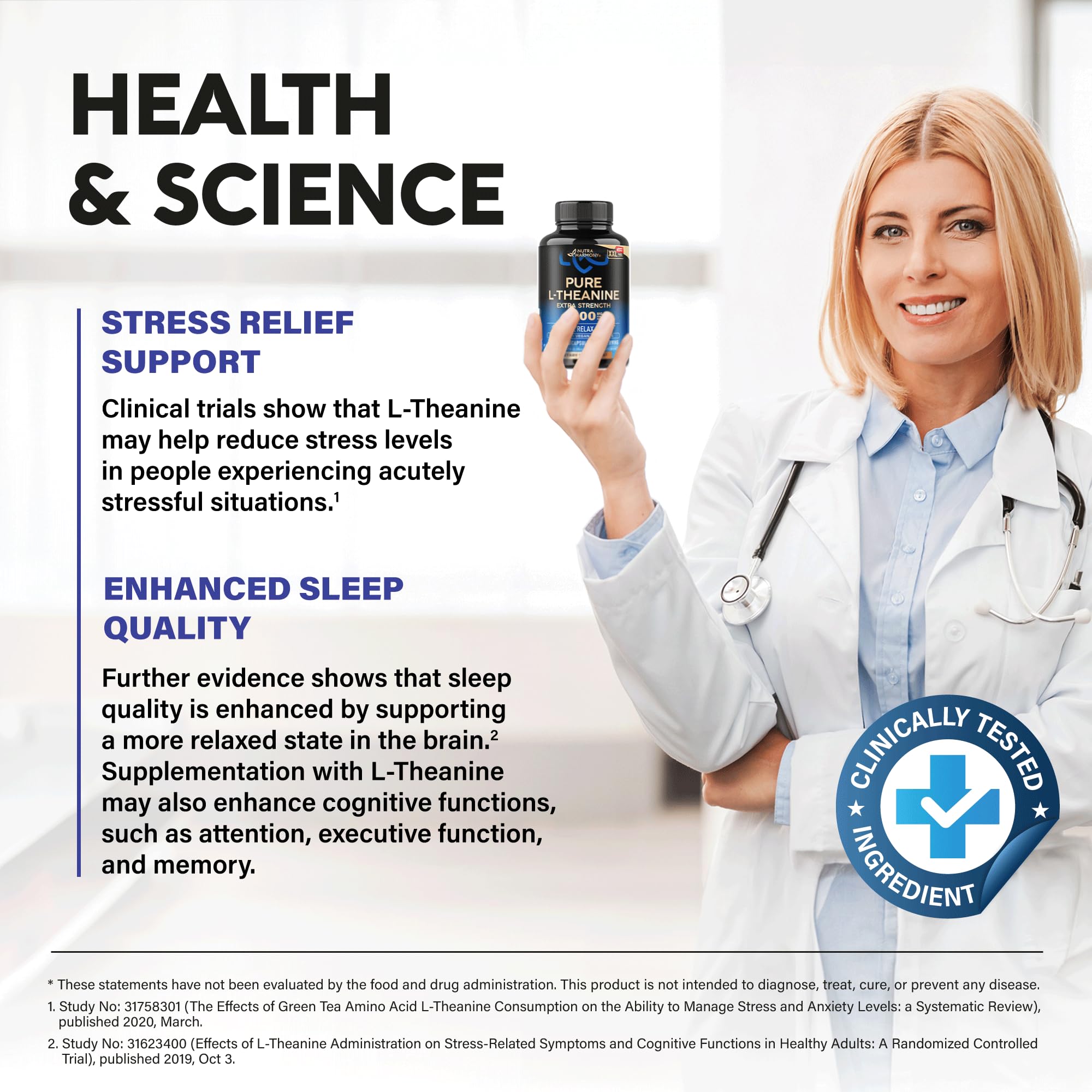 NUTRAHARMONY L-Theanine natural green tea source supplement.