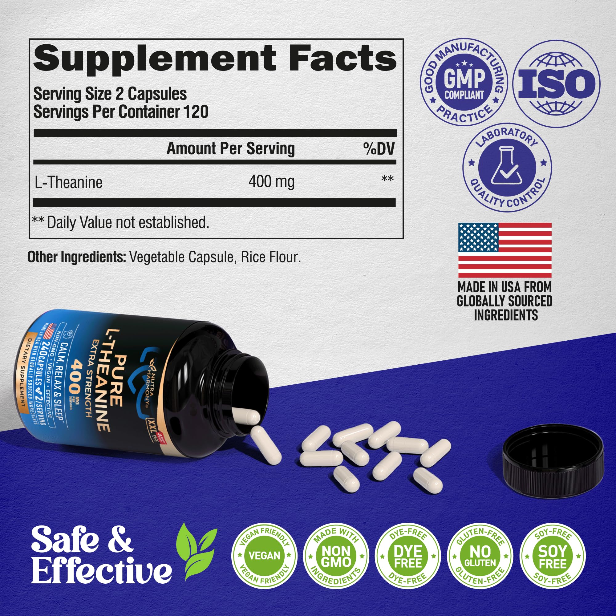 NUTRAHARMONY L-Theanine vegan non-GMO gluten-free formula.