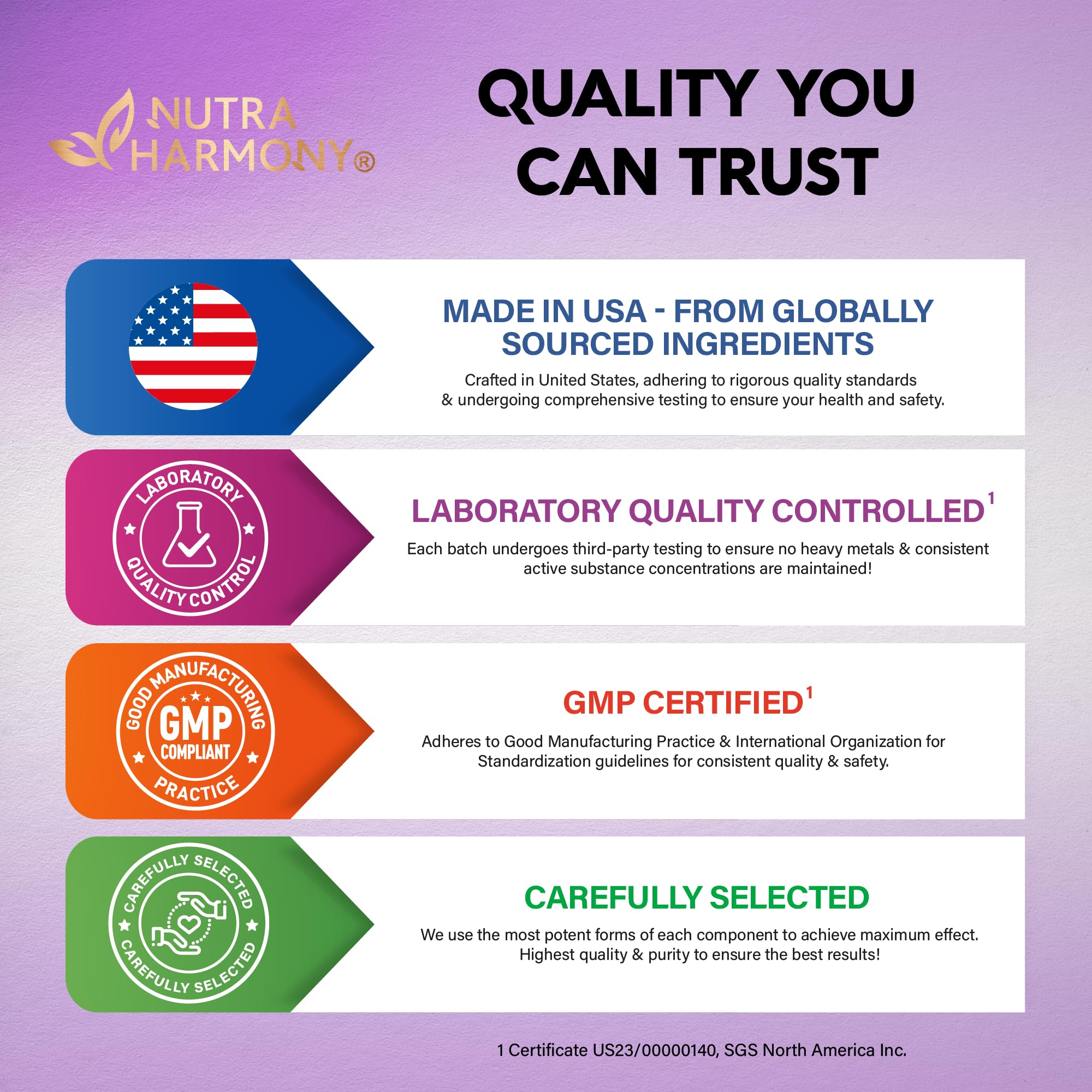 Nutraharmony packaging close-up highlights vegan and USA-made quality.