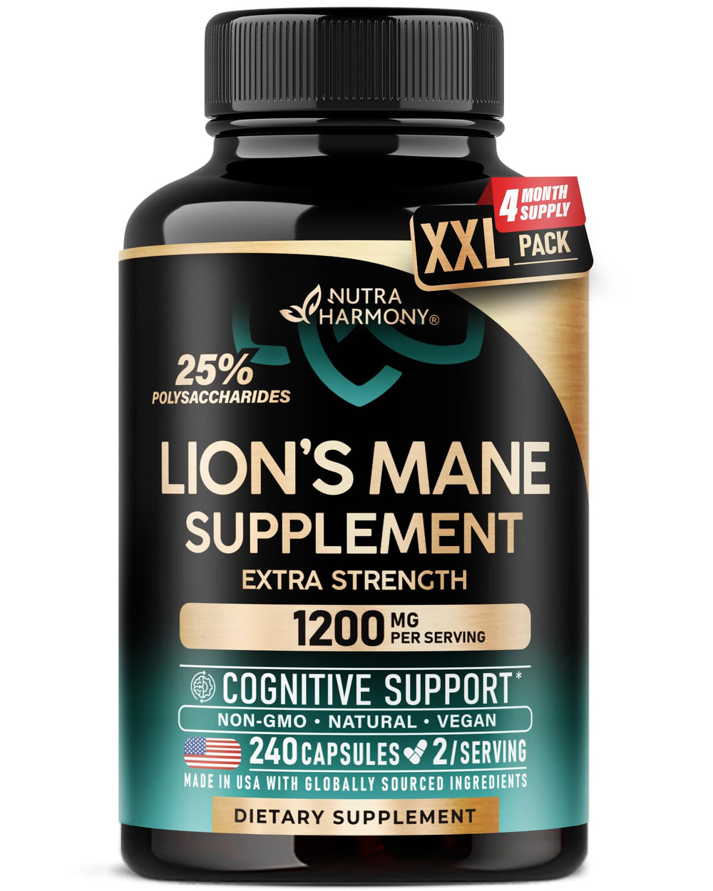 NutraHarmony Lions Mane bottle front: premium brain health supplement for daily focus