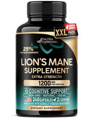 NutraHarmony Lions Mane bottle front: premium brain health supplement for daily focus