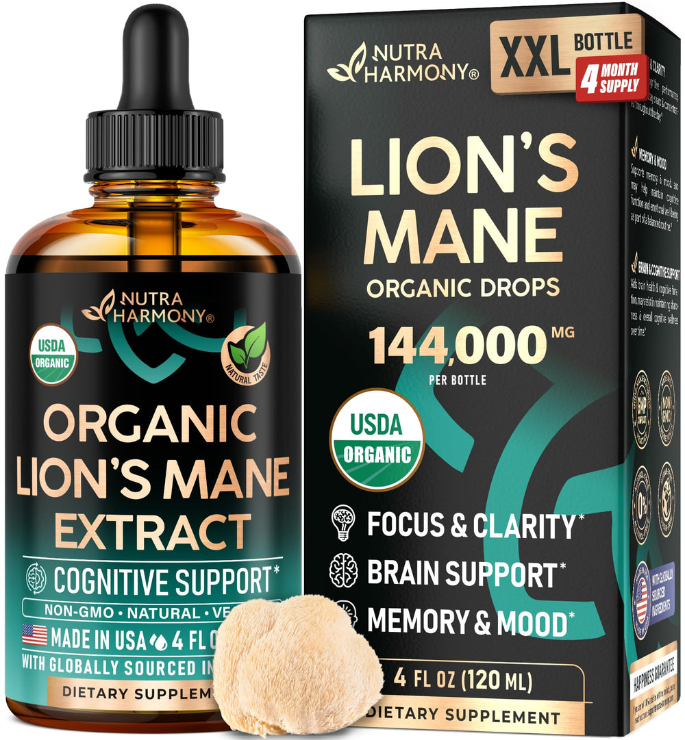 NutraHarmony Lions Mane liquid bottle on counter for daily cognitive support.