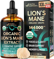 NutraHarmony Lions Mane liquid bottle on counter for daily cognitive support.