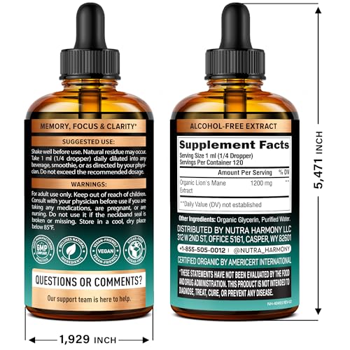 NutraHarmony Lions Mane liquid dropper dispensing drops for easy focus support.