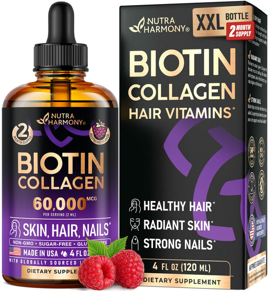 NutraHarmony bottle with biotin and collagen drops for hair, skin, and nails.