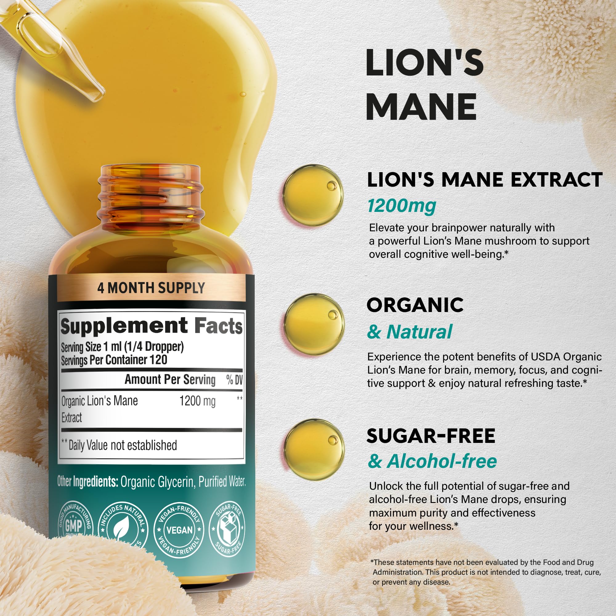 NutraHarmony Lions Mane liquid in a glass highlighting purity and smooth taste.