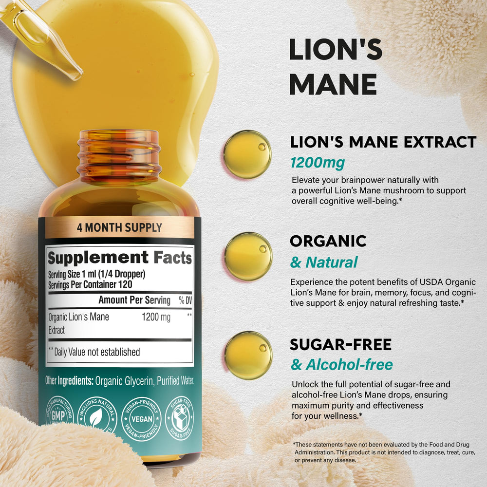NutraHarmony Lions Mane liquid in a glass highlighting purity and smooth taste.