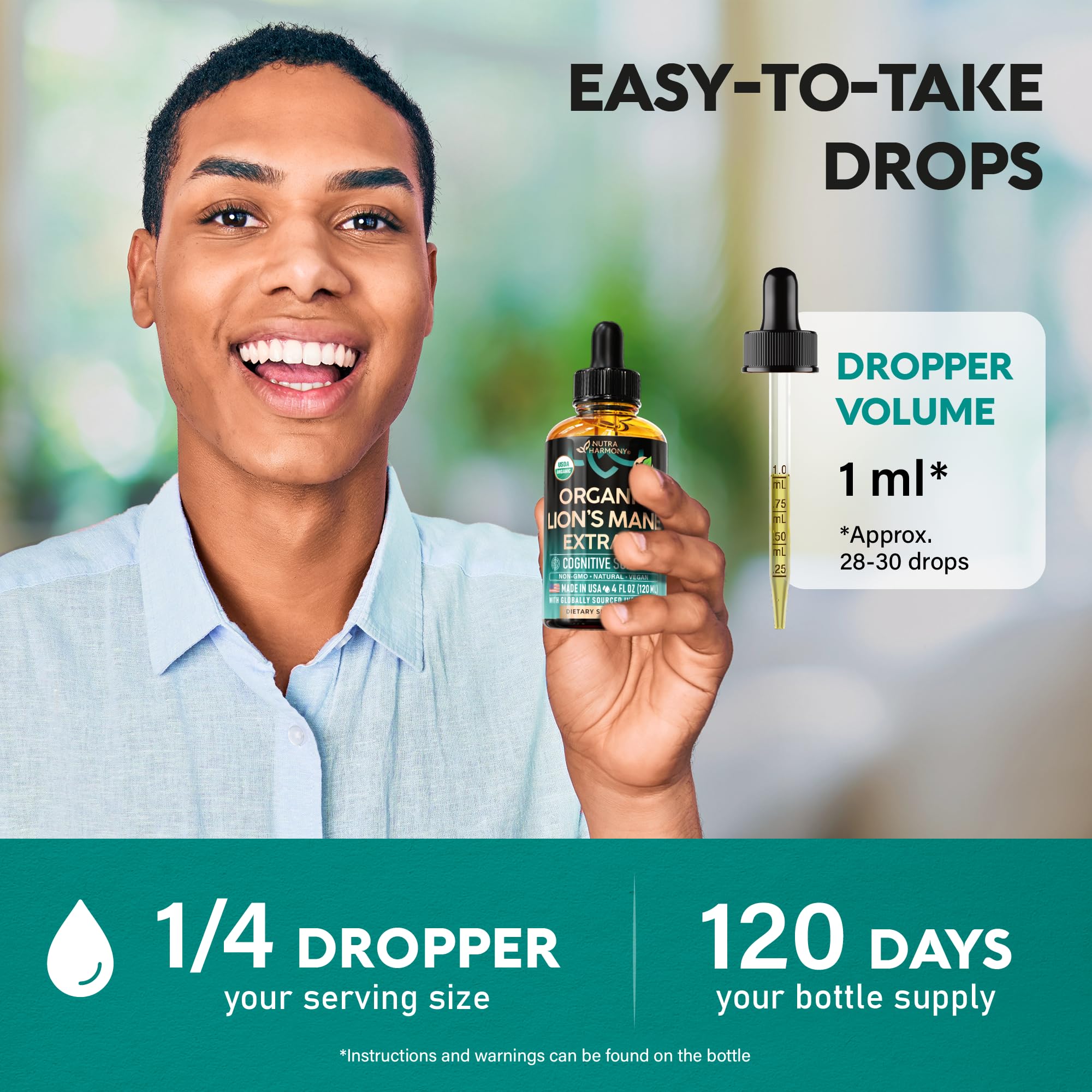 NutraHarmony Lions Mane drops being measured for precise daily dosage.