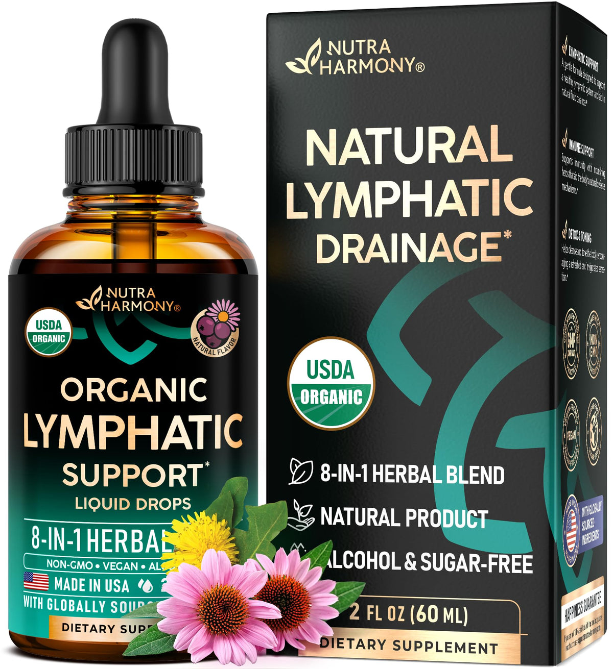 NutraHarmony Lymph Drops bottle shows a premium organic blend for daily support.