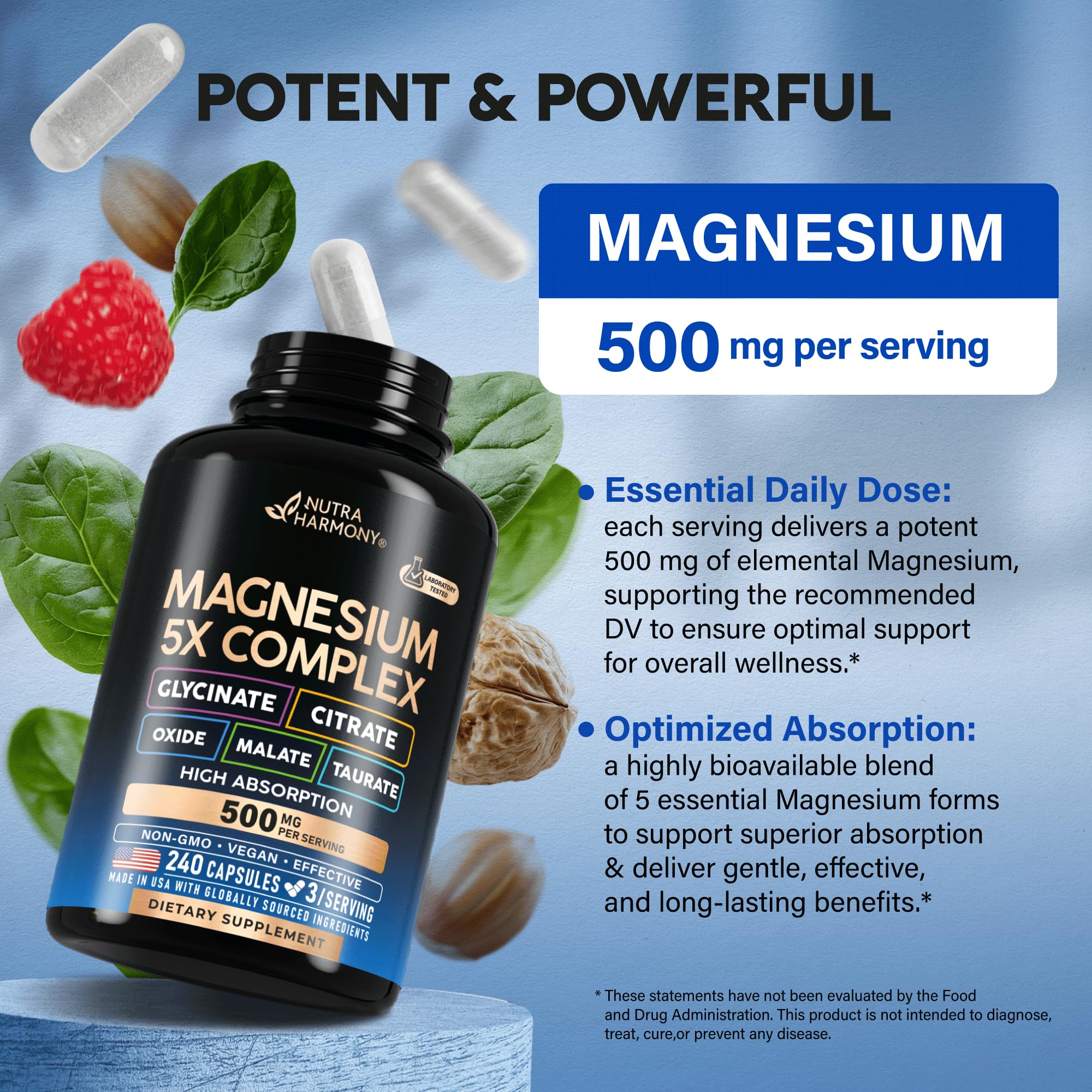 NUTRAHARMONY Magnesium 5-in-1 bottle with USA-made note signals quality and trusted production.