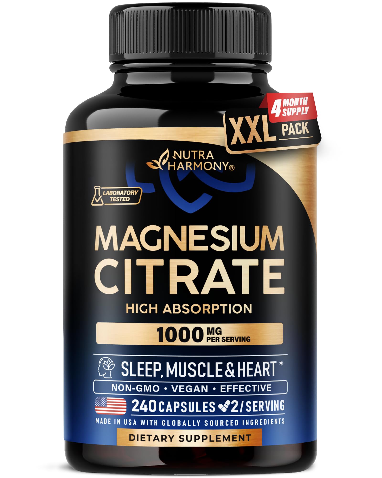 NUTRAHARMONY Magnesium Citrate 1000mg bottle label highlights high absorption for daily wellness