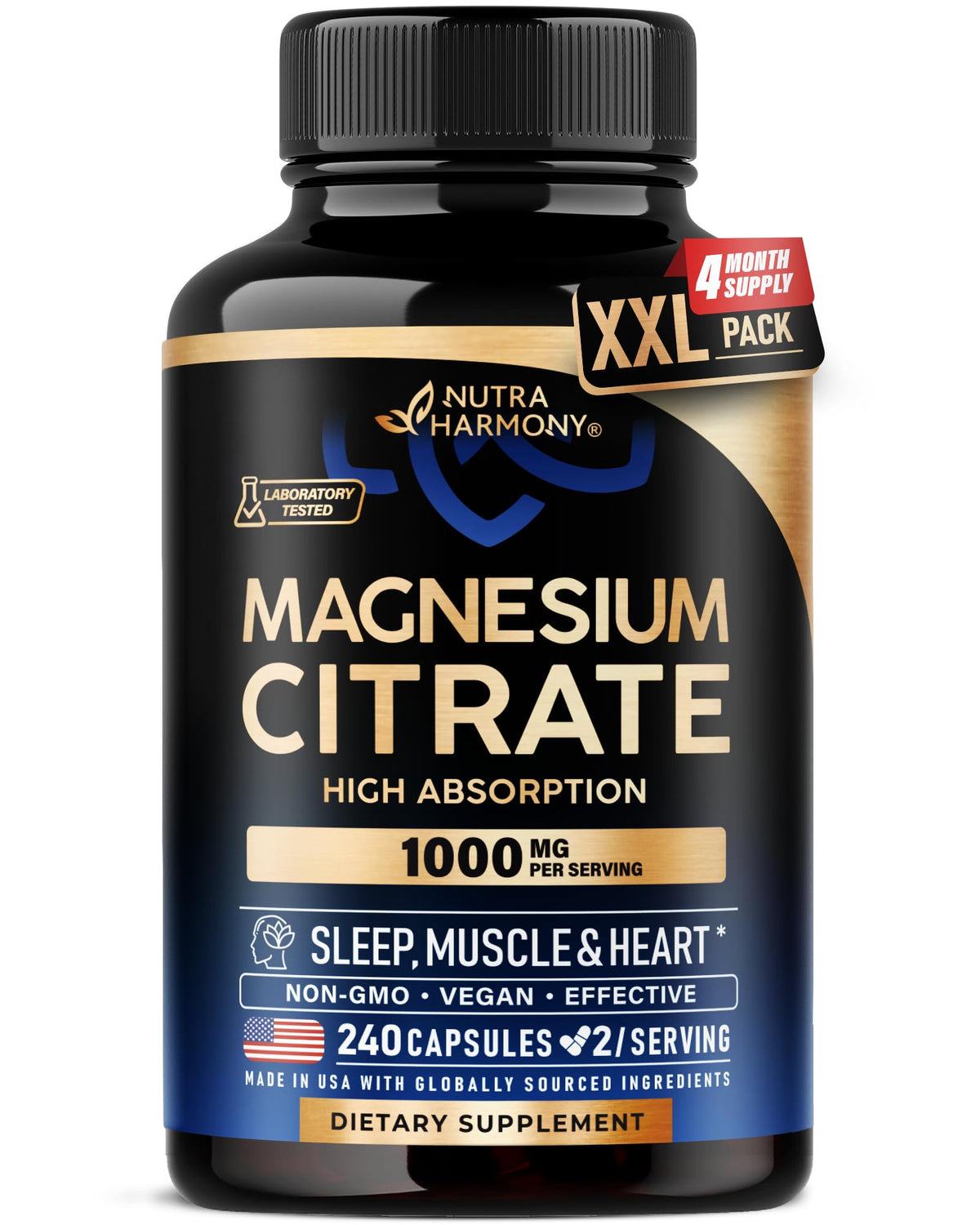 NUTRAHARMONY Magnesium Citrate 1000mg bottle label highlights high absorption for daily wellness