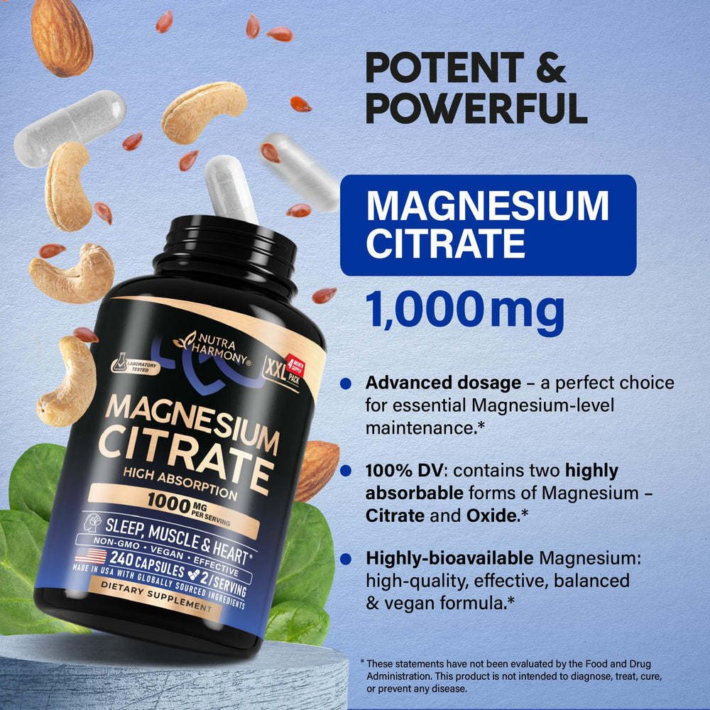 NUTRAHARMONY Magnesium Citrate capsules pouring conveys convenient daily intake