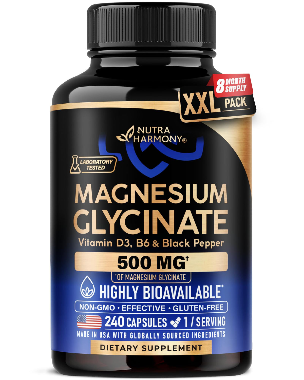 NutraHarmony magnesium glycinate 500mg bottle – easy-to-swallow capsules for daily magnesium support.