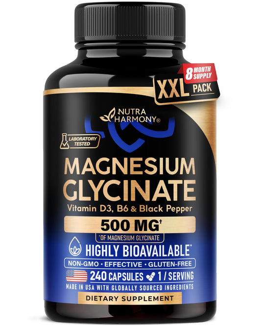 NutraHarmony magnesium glycinate 500mg bottle – easy-to-swallow capsules for daily magnesium support.