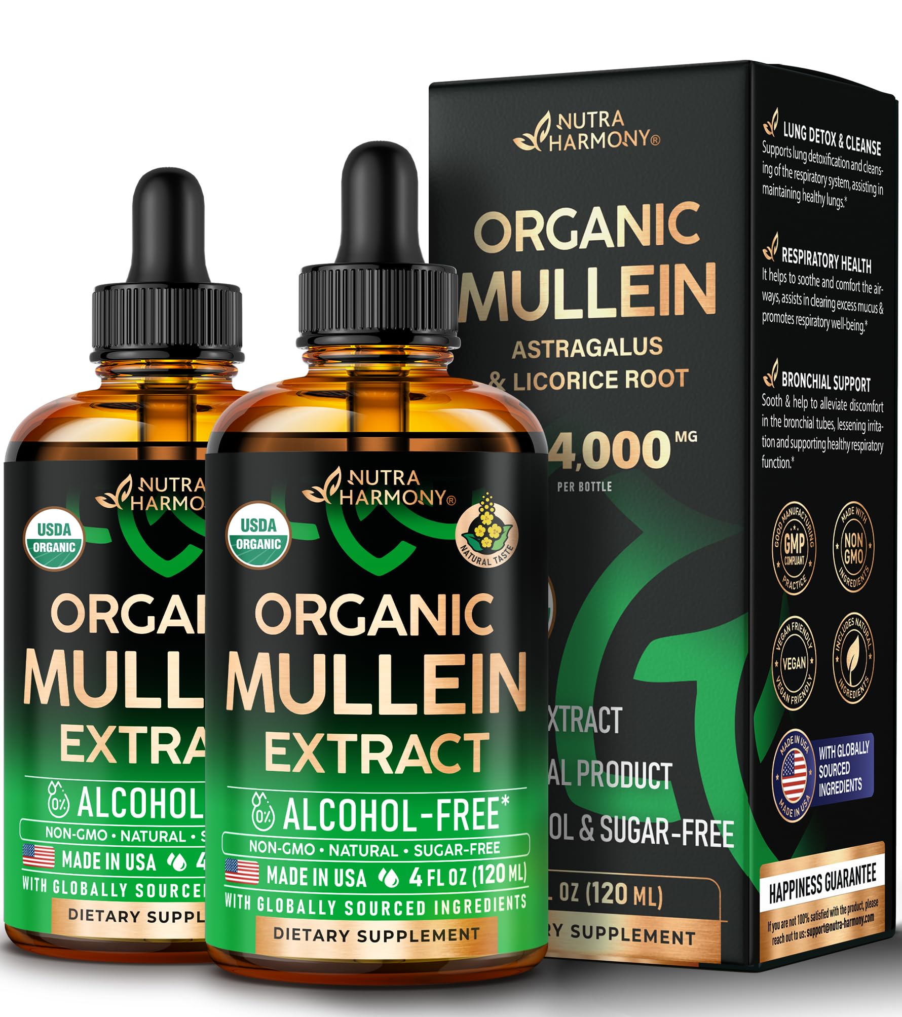 NUTRAHARMONY Mullein Drops bottle label promoting organic lung support.