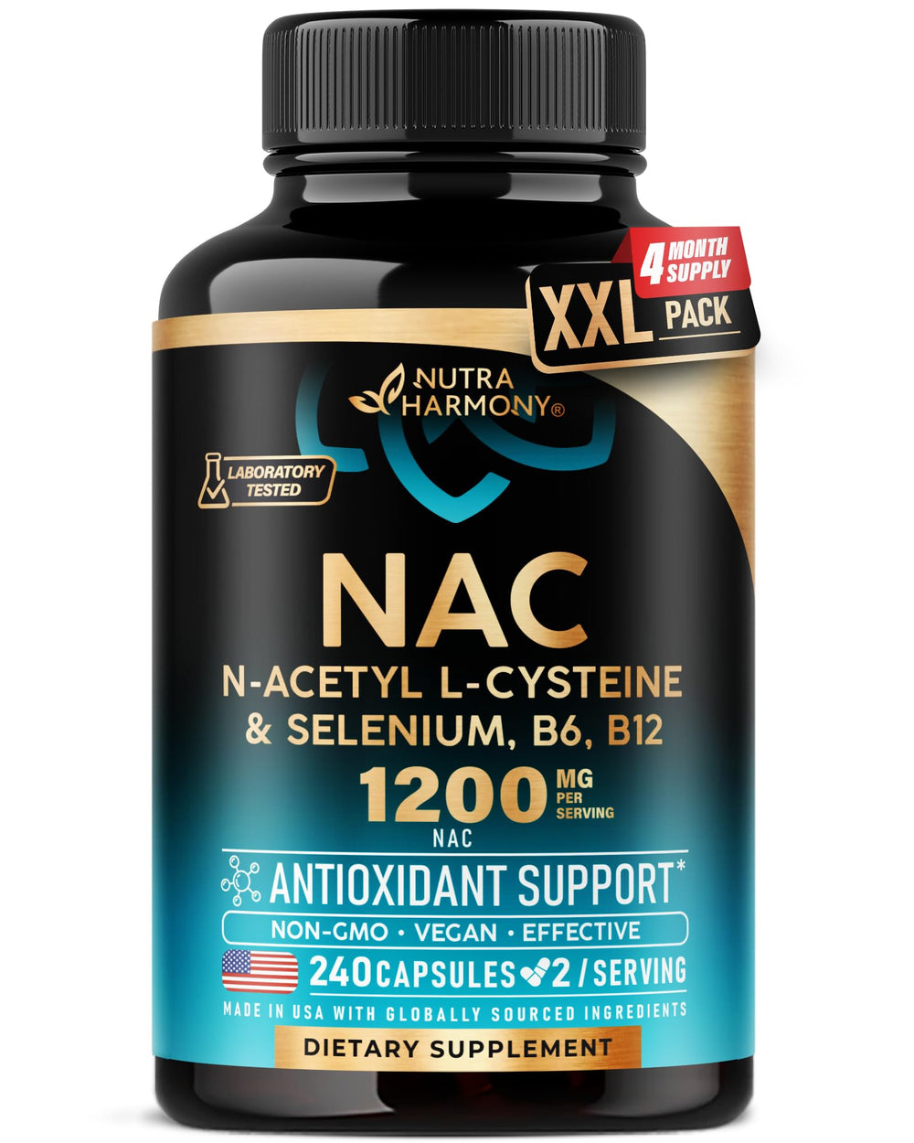 NUTRAHARMONY NAC bottle on table highlights antioxidant support for daily wellness