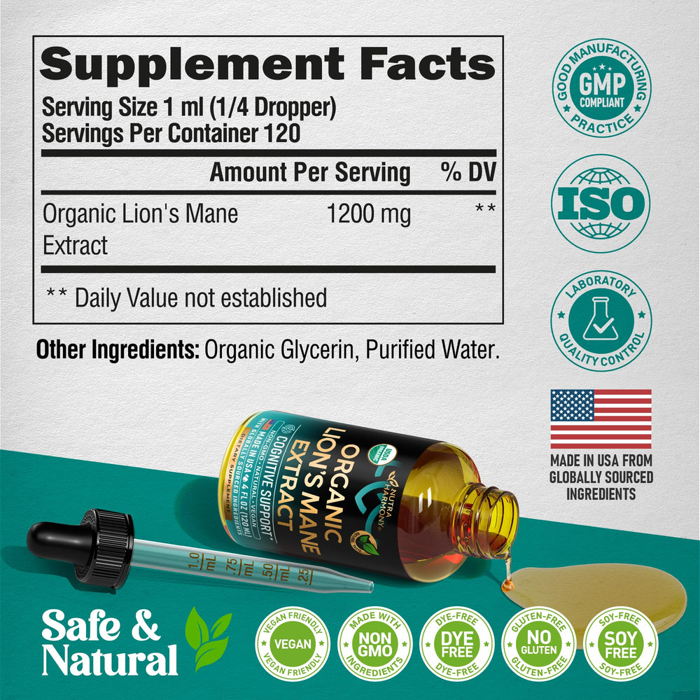 NutraHarmony Lions Mane packaging box signaling premium quality and organic standards.