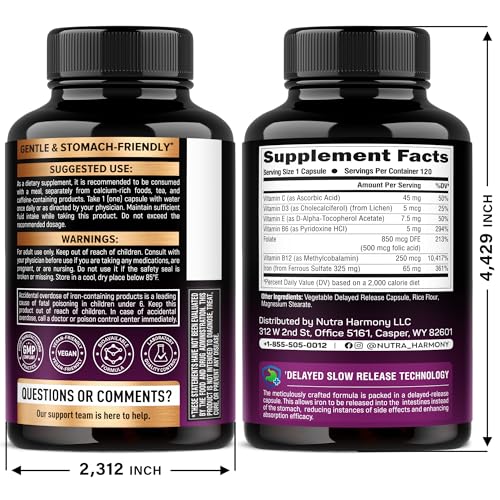 NUTRAHARMONY slow-release iron bottle highlights stomach-friendly formulation.